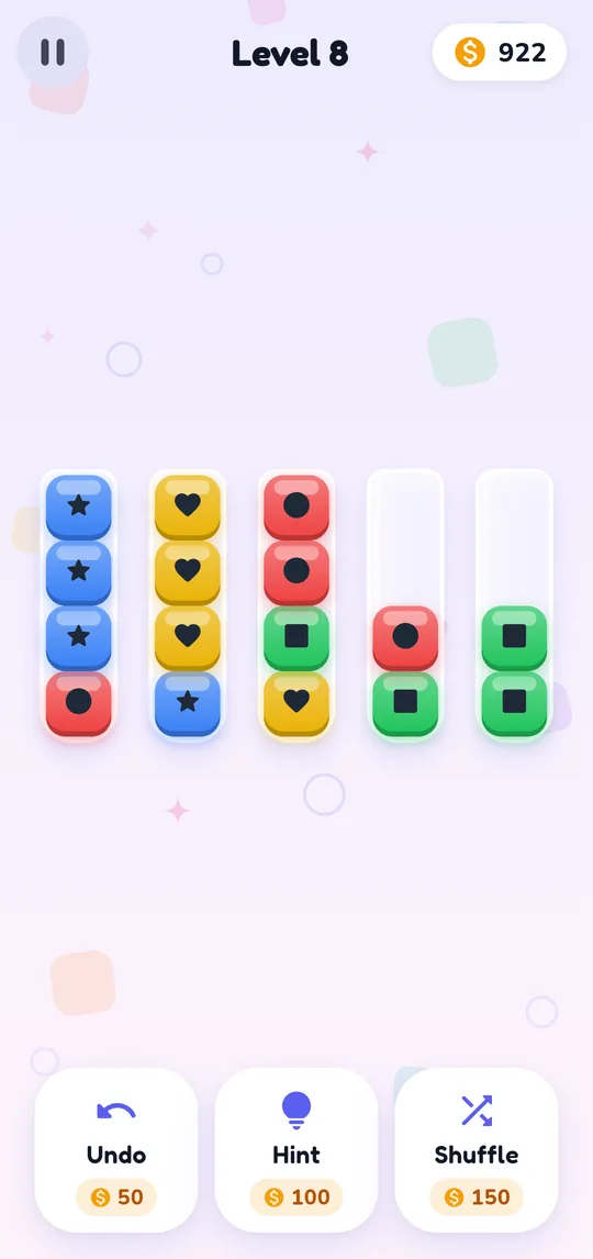 A Sort Rush level with five tubes of colored pieces and Undo, Hint and Shuffle buttons
