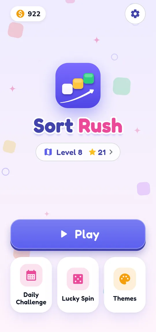 Sort Rush home screen with Play, Daily Challenge, Lucky Spin and Themes