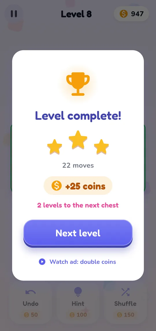 Level complete screen with three stars and a coin reward