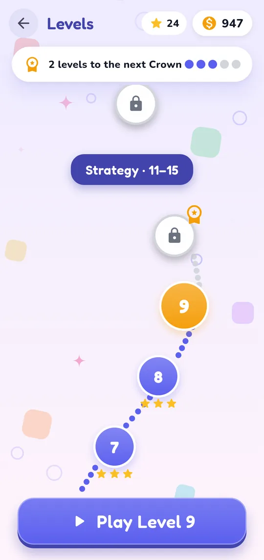 The level map with stars and the next Crown level