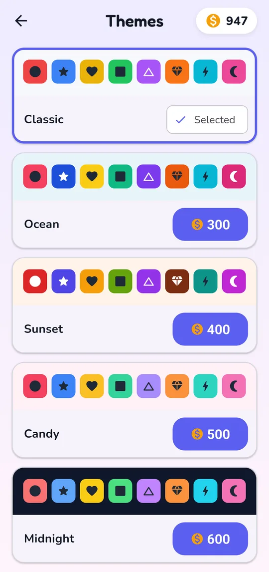 Theme picker showing Classic, Ocean, Sunset, Candy and Midnight